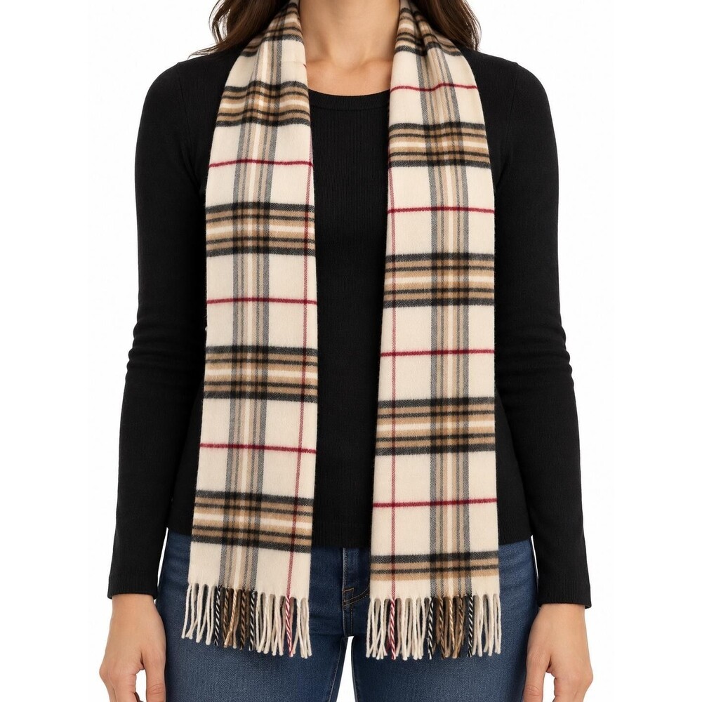 V.FRAAS Cashmink Plaid Scarf Cream Tan Black Red Acrylic Fringe Made Germany